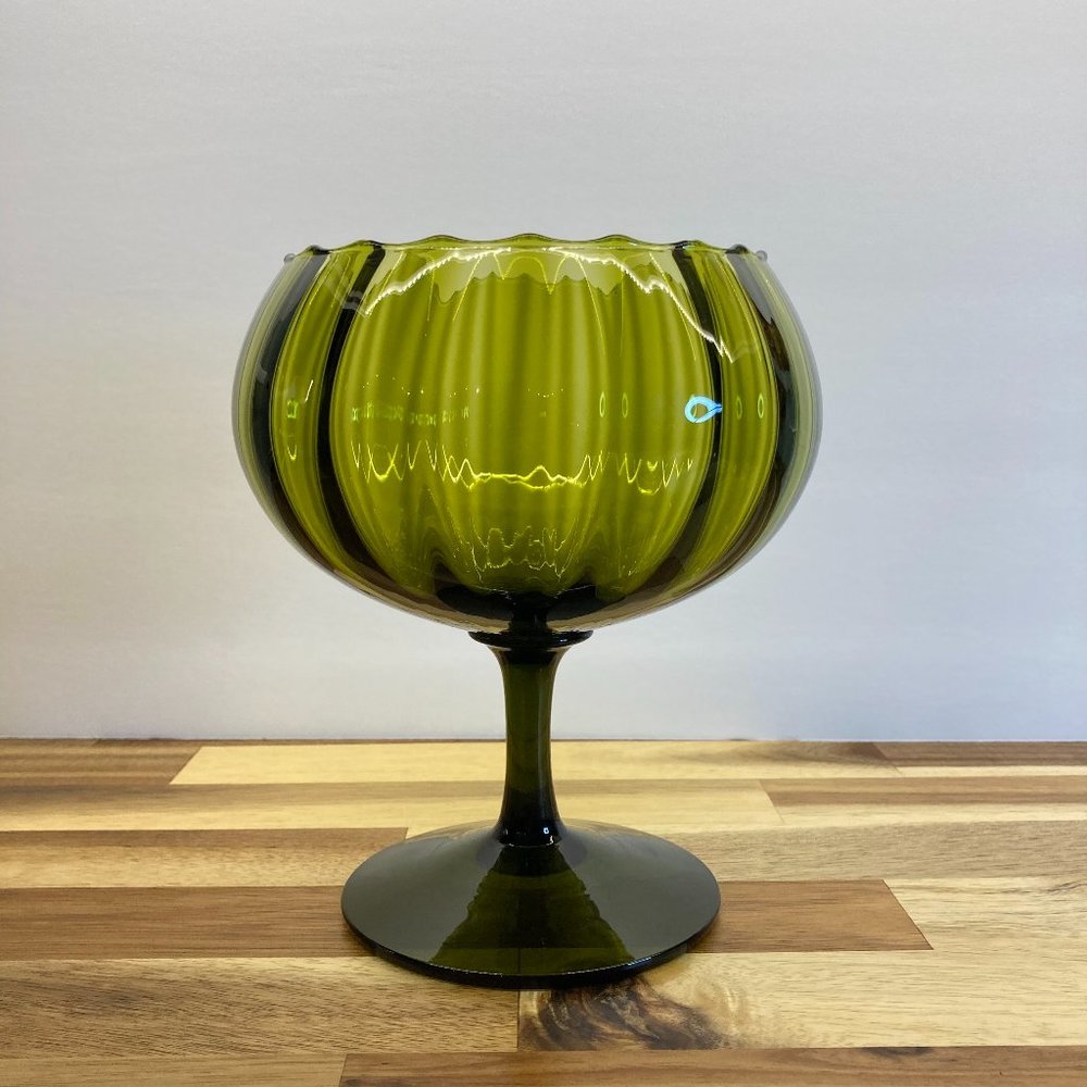 VTG Green Optic Glass Footed Bowl, 10 Inch MCM Hand Blown Bowl, Italian Empoli